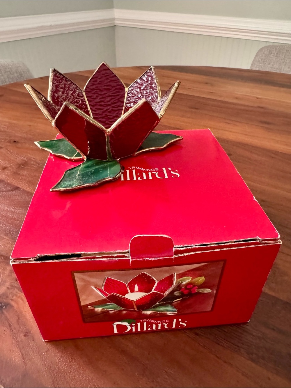 Vintage Christmas Candle Holder Stained Glass Poinsettia Flower Votive Orig Box